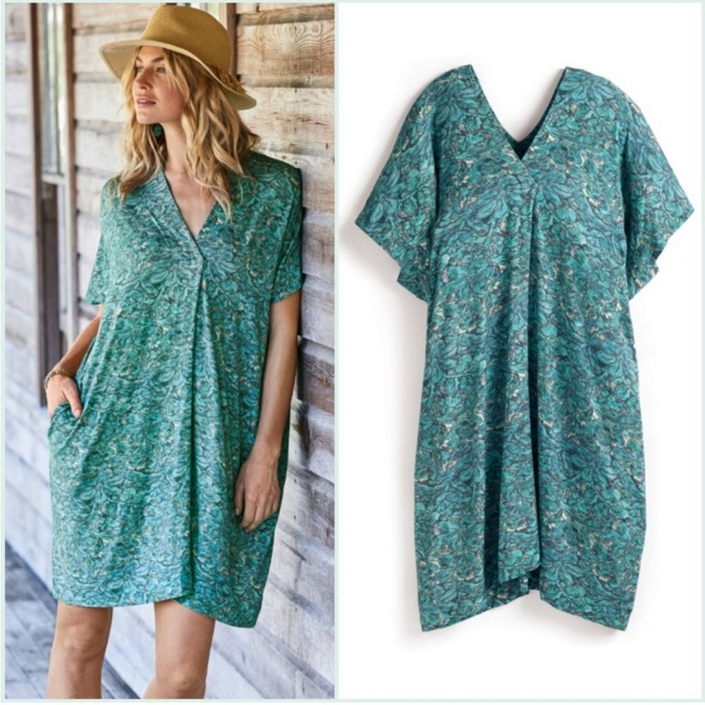 Peruvian Connection Turquoise Delphi Caftan Floral Tapestry Dress size XS/Small